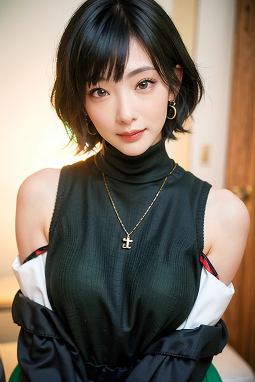 (red lips:1.4), full body, (turtleneck cable knit oversize sweater dress:1.2), , 1girl,solo,
(8k, RAW photo, best quality, masterpiece:1.3),(realistic, photo-realistic:1.37),realistic skin texture,(photorealistic:1.3),(hyperrealistic:1.2), (short hair:1.4) , seducting pose, (green colored clothes:1.7), (red hair:1.7), (seducting smile:1.4), (detached sleeves:1.4), (cheek dimples:1.4), (narrow shoulders:1.7), earrings, golden necklace,