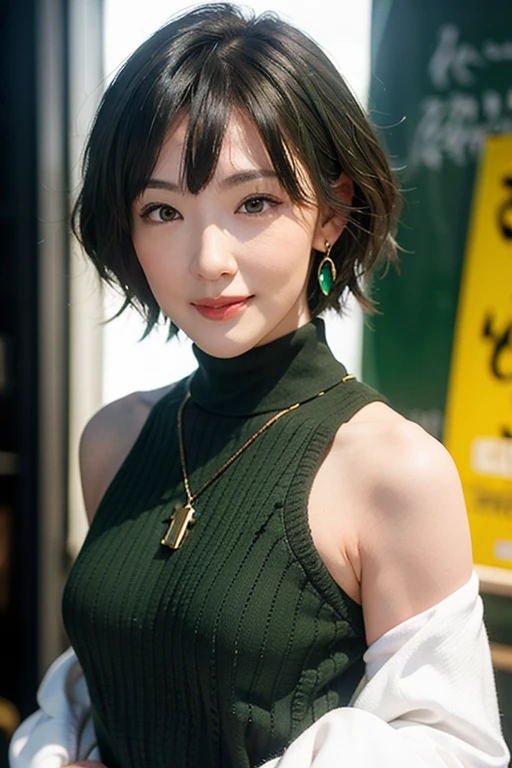 (red lips:1.4), full body, (turtleneck cable knit oversize sweater dress:1.2), , 1girl,solo,
(8k, RAW photo, best quality, masterpiece:1.3),(realistic, photo-realistic:1.37),realistic skin texture,(photorealistic:1.3),(hyperrealistic:1.2), (short hair:1.4) , seducting pose, (green colored clothes:1.7), (red hair:1.7), (seducting smile:1.4), (detached sleeves:1.4), (cheek dimples:1.4), (narrow shoulders:1.7), earrings, golden necklace,