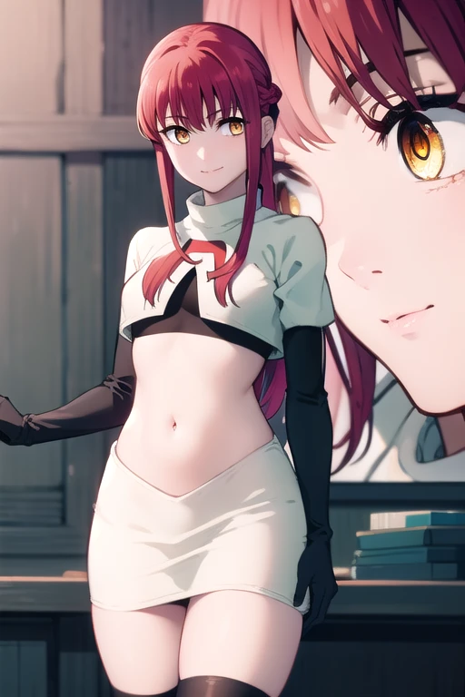 makima, makima, long hair, smile, bangs, small breasts, (yellow eyes:1.2), braid, red hair, braided ponytail, ringed eyes,
BREAK team rocket,team rocket uniform,white skirt,red letter R,crop top,black thigh-highs,black elbow gloves,
BREAK looking at viewer,
BREAK (masterpiece:1.2), best quality, high resolution, unity 8k wallpaper, (illustration:0.8), (beautiful detailed eyes:1.6), extremely detailed face, perfect lighting, extremely detailed CG, (perfect hands, perfect anatomy),