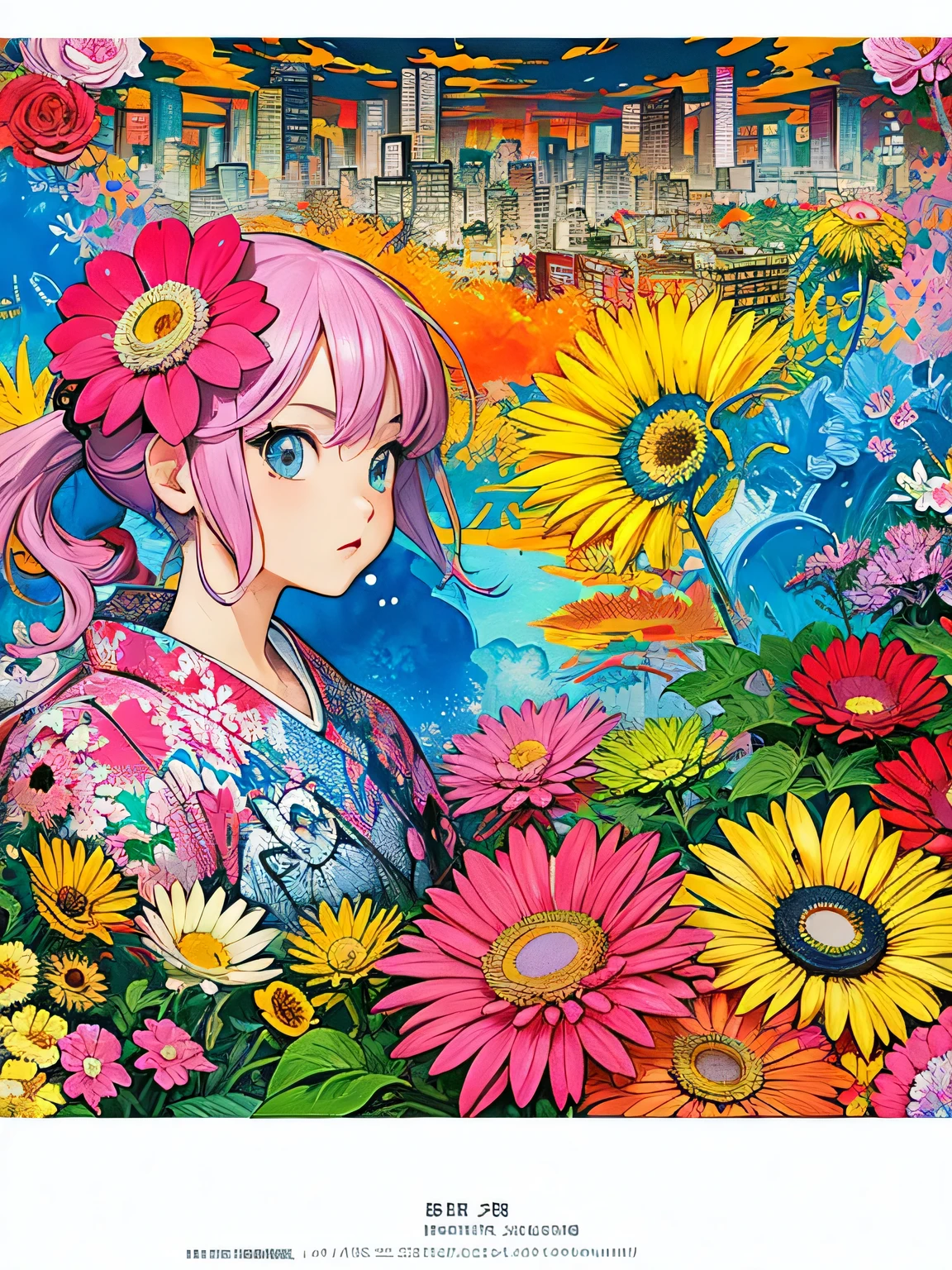 akira toriyama style、8K quality, Takashi murakami'illustration of, intense watercolor, watercolor detailed art, watercolor splash, surreal, avant-garde pop art, Beautiful and expressive paintings, Beautiful artwork illustration of, very colorful tones, wonderful, cool beauty, highest quality,official art, vector art,stylish design, ((most beautiful girl ever))), (((highest quality))), HDR, ((Detailed details)), (((graffiti art))), ((masterpiece))、((Super detailed))、(((colorful flowers)))、(((Tokyo cityscape)))