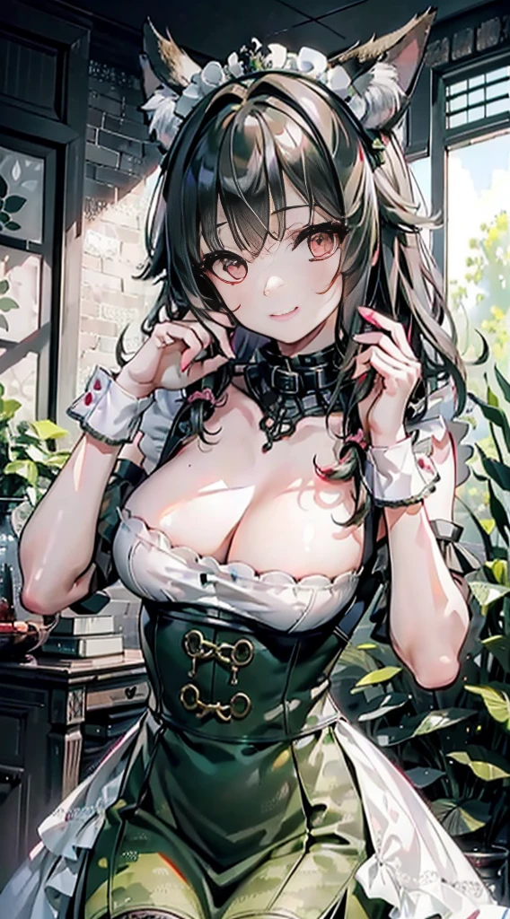 high quality, masterpiece, Ultra Detailed, 1 girl, And clearly visible, Solitary, Green camouflage lace maid costume,maid crown,BDSM,handcuffs,collar,Calm expression,Bright red lips,Smile,handcuffs,collar,Black long hair, Attractive pink eyes, Fox ears, Ridiculously big, Glowing skin, forest,City,ruins