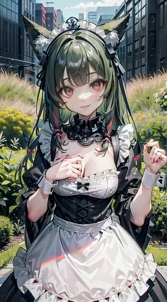 high quality, masterpiece, Ultra Detailed, 1 girl,  And clearly visible, Solitary, Green camouflage lace maid costume，maid crown，BDSM,handcuffs，collar，Calm expression,Bright red lips，Smile，handcuffs，collar，Black long hair, Attractive pink eyes, Fox ears, Ridiculously big, Glowing skin, forest，City，ruins