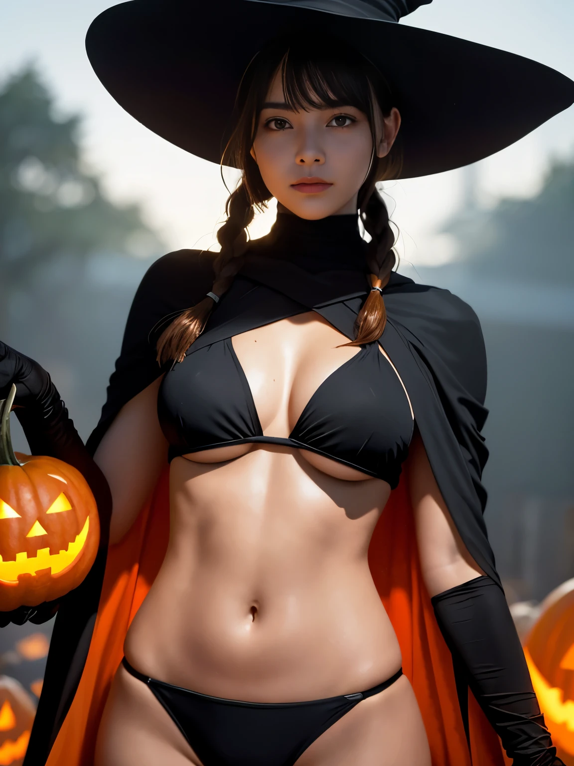best quality, masterpiece, (realistic:1.2), 1 girl, (silhouette lighting:1.4), frontal shot, orange rim lighting, bright amber eyes, ultra detailed face, polished braids hair with bangs, oily skin, tight clothing, orange and black halloween style triangle bikini with cloak, (medium breast, underboob:1.3), witch hat, (plenty of pumpkins:1.2), dark background