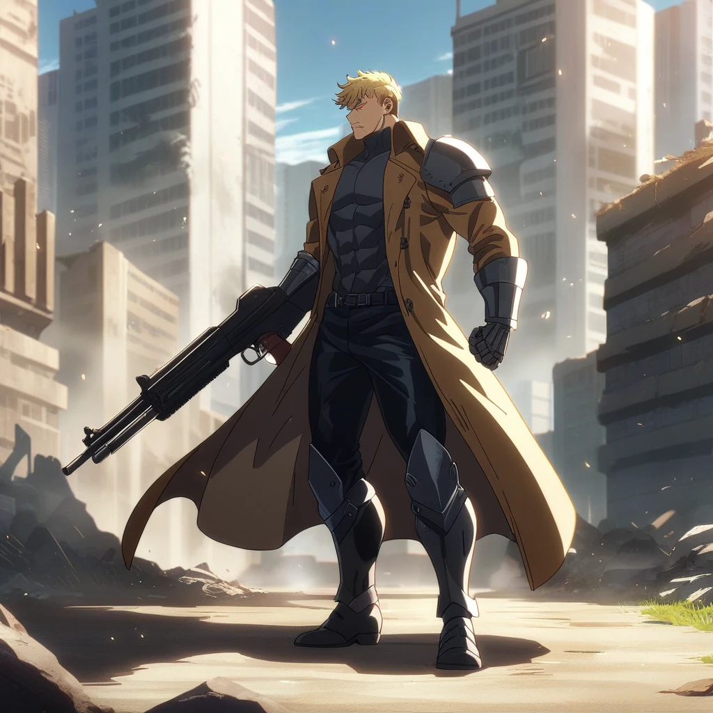 1guy, muscular, Science Fiction, solo, male ideal ratio body proportions, trench coat, latex bodysuit, fullbody, 40yo, facial wrinkles, gunslinger, blonde, wolfcut, looking at veiwer, Post-apocalyptic, ruined city, [gauntlet, shoulder armor, greaves], gun-kata action, 1990s, cinematic shadows, cinematic lighting, lens flare, light leaks, blowing hard, [[[[[anime screencap]]]]], VHS quality