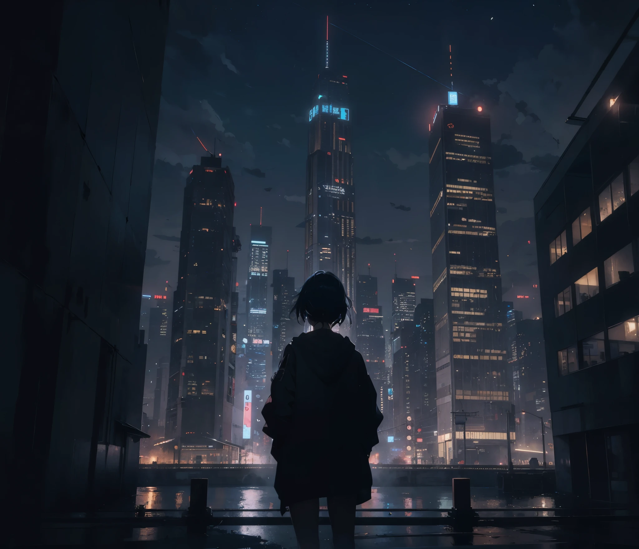 nighttime scene of a woman looking at a city skyline, in front of a sci fi cityscape, inspired by Liam Wong, 4k anime wallpaper, digital cyberpunk anime art, tokyo anime scene, anime art wallpaper 8 k, makoto shinkai. octane render, anime style 4 k, anime art wallpaper 4 k, anime art wallpaper 4k, cyberpunk anime art