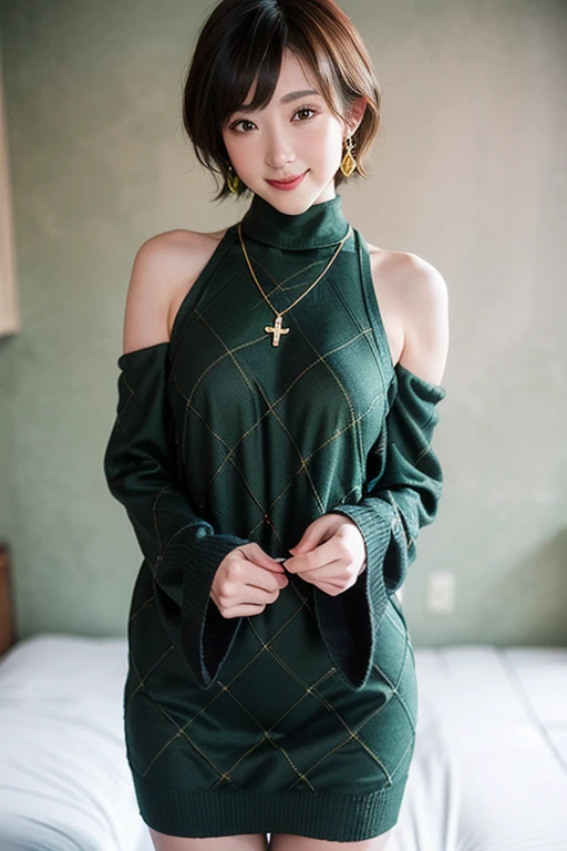(red lips:1.4), full body, (turtleneck cable knit oversize sweater dress:1.2), , 1girl,solo,
(8k, RAW photo, best quality, masterpiece:1.3),(realistic, photo-realistic:1.37),realistic skin texture,(photorealistic:1.3),(hyperrealistic:1.2), (short hair:1.4) , seducting pose, (green colored clothes:1.7), (red hair:1.7), (seducting smile:1.4), (detached sleeves:1.4), (cheek dimples:1.4), (narrow shoulders:1.7), earrings, golden necklace, 
