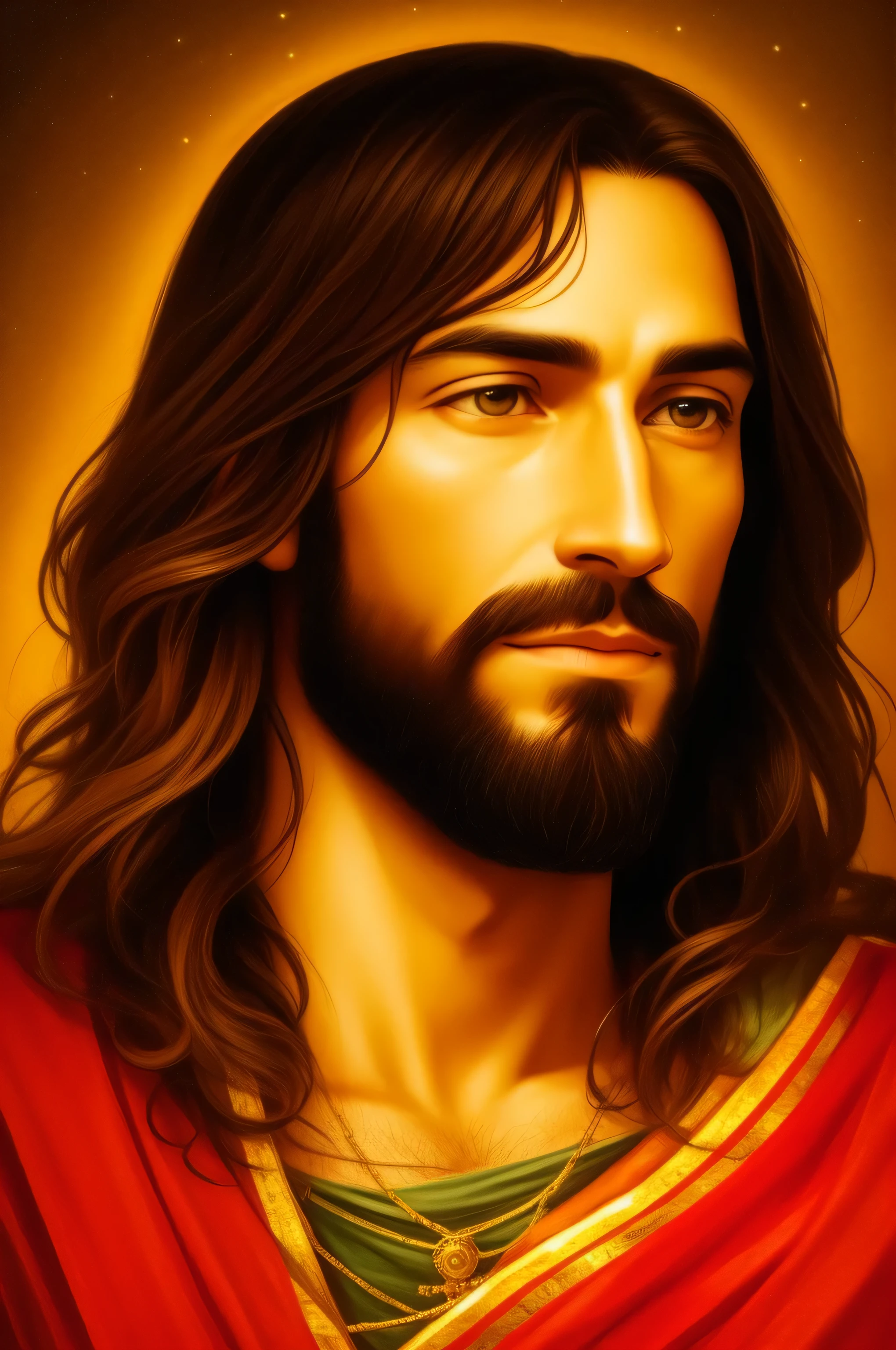 Highly detailed portrait of Jesus Christ, gold, divine rays, detailed and intricate environment