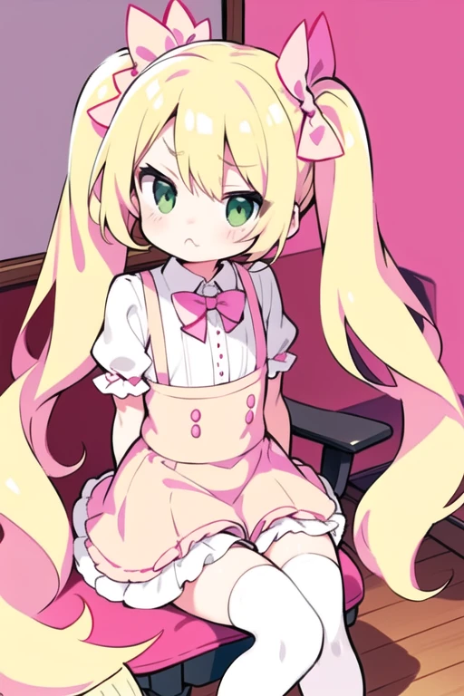 blond hair, green eyes, long hair, , twintails ,sassy ,cheey , mesugaki, pink clothes, pink bows, pink room, room, white stockings, 1 girl, cute, , flat chested, pouty, bratty, blonde hair, twintails, long hair, cute, bratty, teasing look, dim lighting, sitting in desk chair, pink room, cute room, white chair, lolita,Suspenders skirt