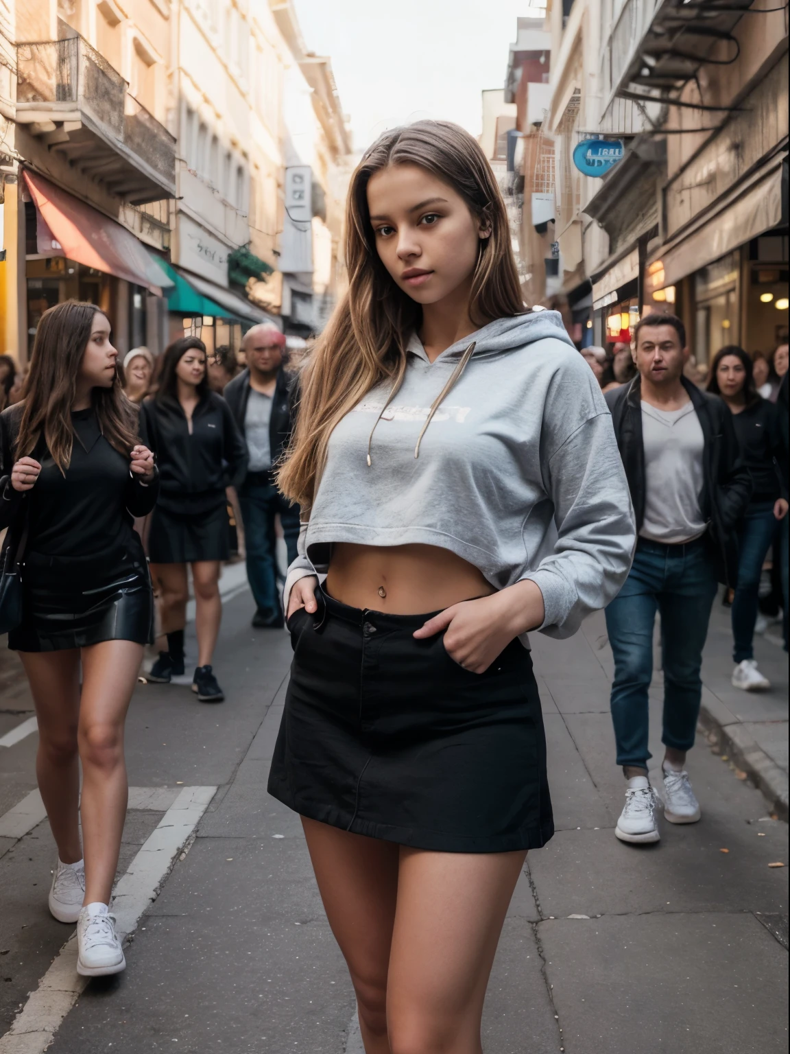 summer, city street, vivid afternoon light, crowd, long hair, blonde hair, 1girl, 18 years old, full body, sneakers, wearing hoodie, open hoodie, garters, miniskirt, beautiful face, crowded street, 16k, photorealistic, real photo, nikon d800