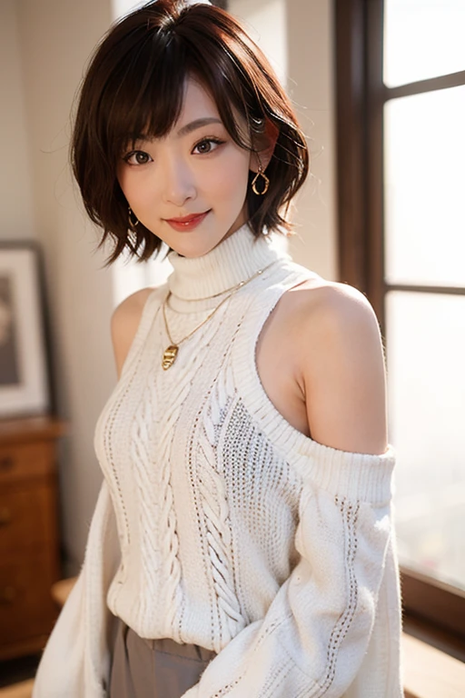 (red lips:1.4), full body, (turtleneck cable knit oversize sweater dress:1.2), , 1girl,solo,
(8k, RAW photo, best quality, masterpiece:1.3),(realistic, photo-realistic:1.37),realistic skin texture,(photorealistic:1.3),(hyperrealistic:1.2), (short hair:1.4) , seducting pose, (white colored clothes:1.7), (red hair:1.7), (seducting smile:1.4), (detached sleeves:1.4), (cheek dimples:1.4), (narrow shoulders:1.7), earrings, golden necklace,