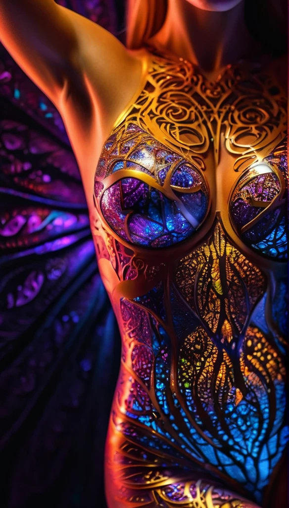 Female breasts with shiny translucent fractal skin,whole body, Swirling organic pattern, Full of energy, Ultra HD, Vibrant colors, perfect composition, Soft, natural three-dimensional cinema lighting, Amazing shadows, Black silhouette, Volumetric Light,(Movie Posters).