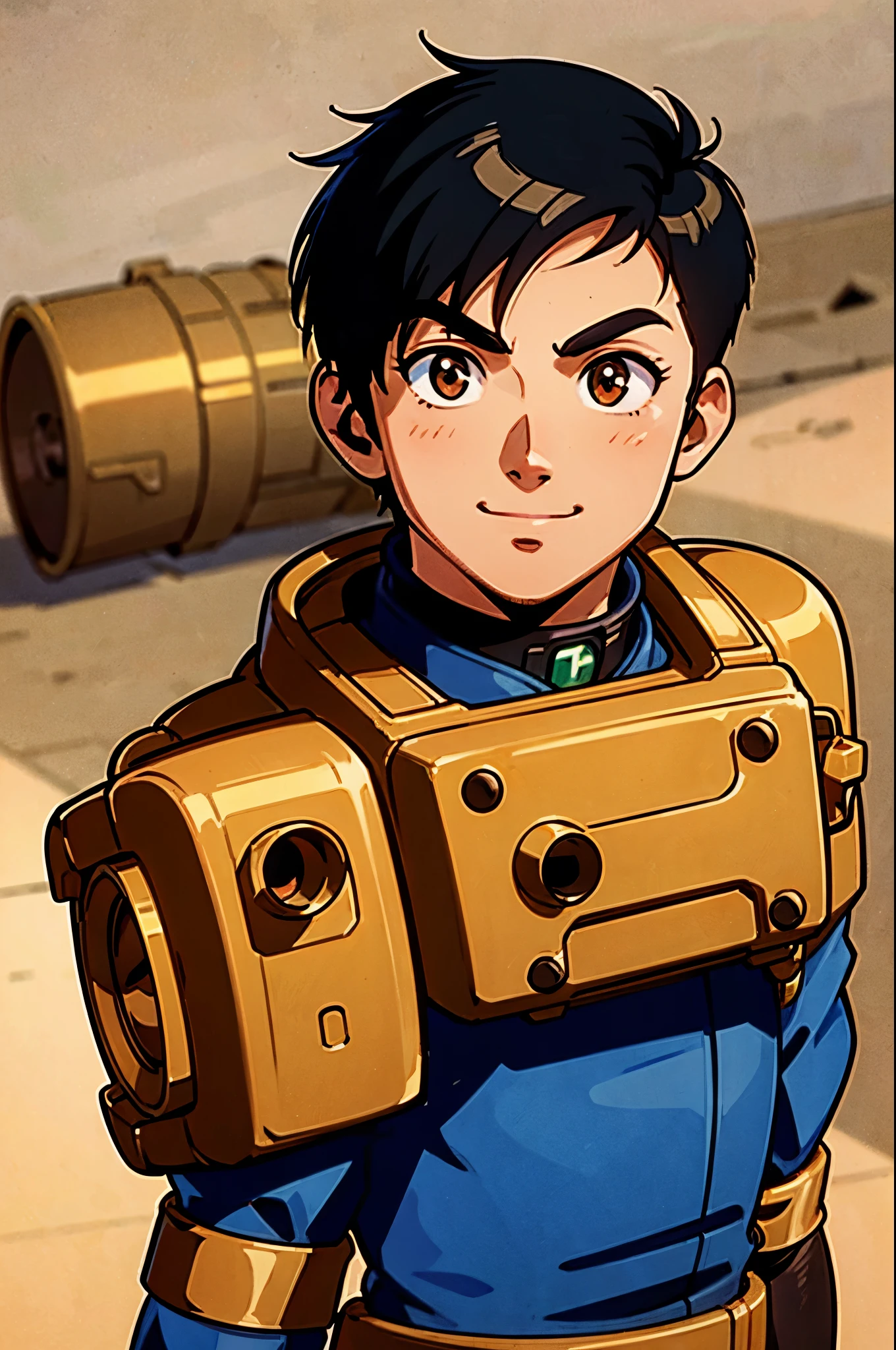 masterpiece, best quality, cel shaded, bright colors, 1boy, solo, male focus, young boy, short spiky hair, black hair, brown eyes, youthful smile, slight tan, vaultsuit, pipboy3000, looking at viewer, staring straight ahead, upper body shot, wasteland background