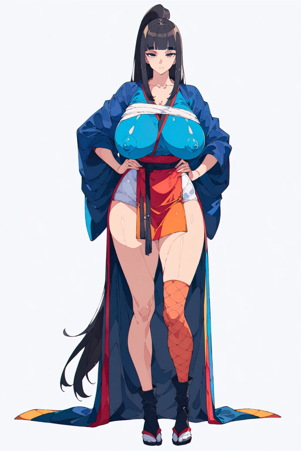 (masterpiece, bestquality, ultra-detailed, 8K high resolution, artstation on trending, Detailed Design:1.2),
middle ages, medieval times, Medieval European fantasy,
wind,
(flat design, ligne claire, photorealistic:1.5),
(1girl, fullbody, looking at viewer, front view:1.6),
(very long high ponytail, japanese, thick eyebrows, dark color short length yukata woman, ninja woman, short skirt, sarashi, small mesh underwear, Full body small mesh tights, tabi, black hair, Yamato Nadeshiko, bangs bangs, Cool beauty, Cold eyes, Half open eyes, half-closed eyes, Tight Mouth, wide mouth, Expressionless:1.4),
(gigantic saggy breasts, gigantic hard nipples:1.2), (Clothes that are completely stuck to the chest, impossible clothes:1.5), Impossible clothing with perfectly shaped extremely gigantic puffy nipples, (pawg), (thin thighs, thick calf), slender body, (thin waist), mature milf, puffy lip, lewd, vulgar, erotic, A little tall,
(standing contrapposto pose, spread legs, Hands on hips:1.2),
(SFW Clothing:2),
(white background:1.4),