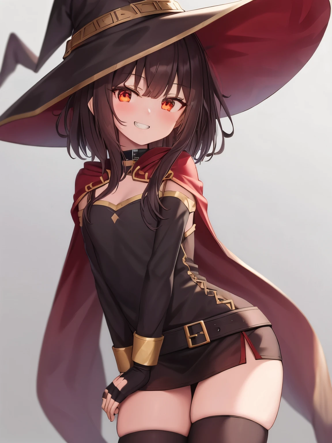 Megumi， 1girll， solo， standing on your feet， looking at viewert， bucket-hat， Witch hat， brown  hair， short long hair， red eyes， Be red in the face，grin， a black choker， clavicle， flatchest， off the shoulder dress， shift dresses， Red dress， Brown cape， longer sleeves， black glove， Fingerless gloves， obi strip， Brown belt， Golden decoration， Zetai Long Iki， dent in the skin， （Asymmetrical legs：1.4）， mismatched legwear，（bandaged leg：1.3），black thighhigns，（The arms are behind the back：1.3），