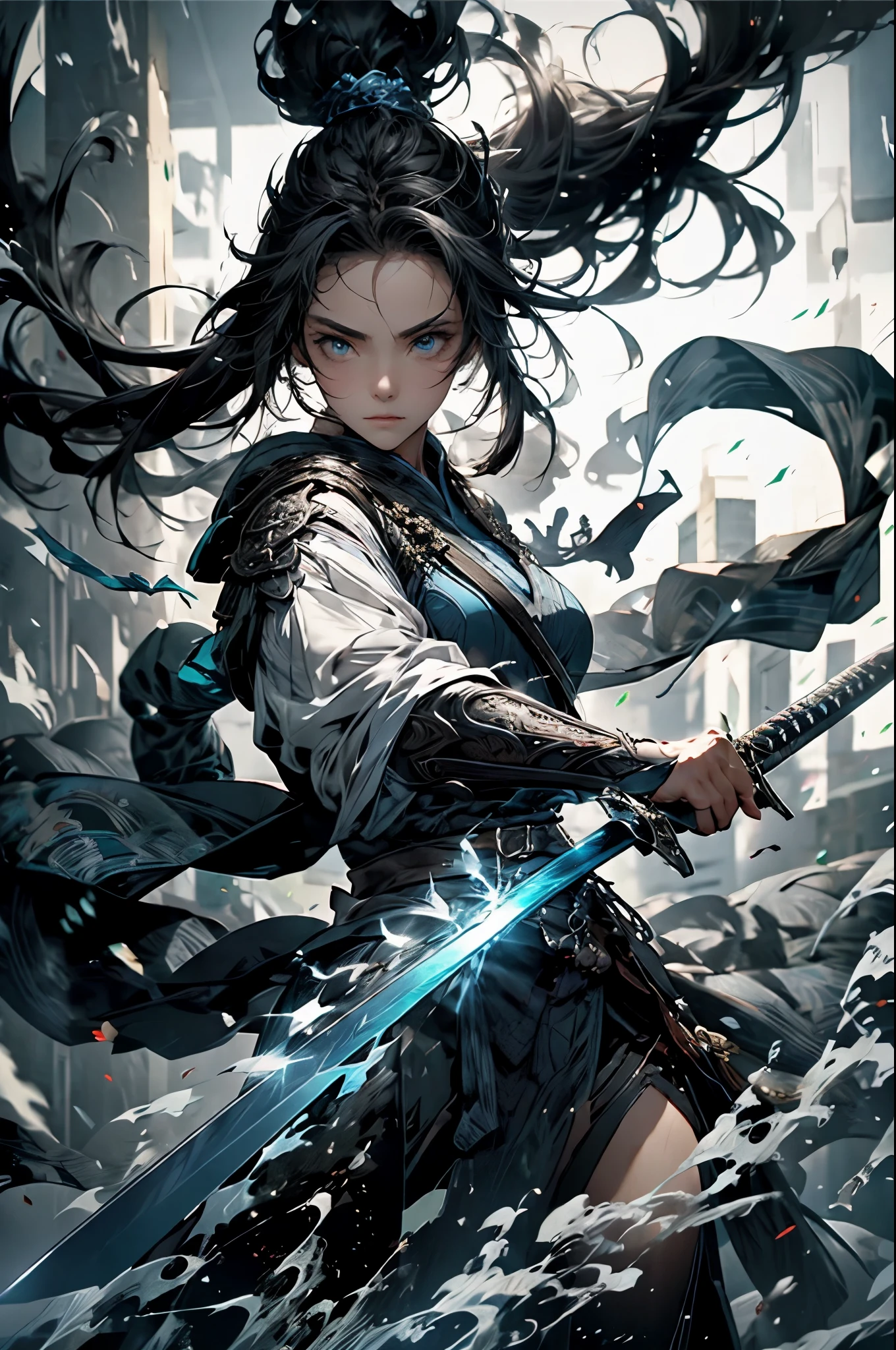 Public curly dark hair, Ponytail, beautiful female warrior, approximately 20 years of age, with a perfect body and dressed only organza transparent coat (see-through: 2.0) , The character has dark blue hair with red highlights, tied in a horse tail, and holds a short sword in her hand. I would like the drawing to be done in any graphic convention that fits the character’s nature, wet skin, (wet:2.0), shiny skin, transparent organza flowing coat, photorealistic: 2.0. Shiny skin, --auto --s2