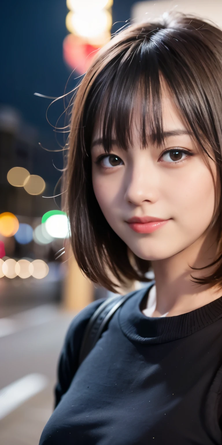 1 Girl, Tokyo Street,night, Streetscape,City lights,Upper Body,close,smile,, (8K, Raw photo, highest quality, masterpiece:1.2),(Realistic, photo-Realistic:1.37),