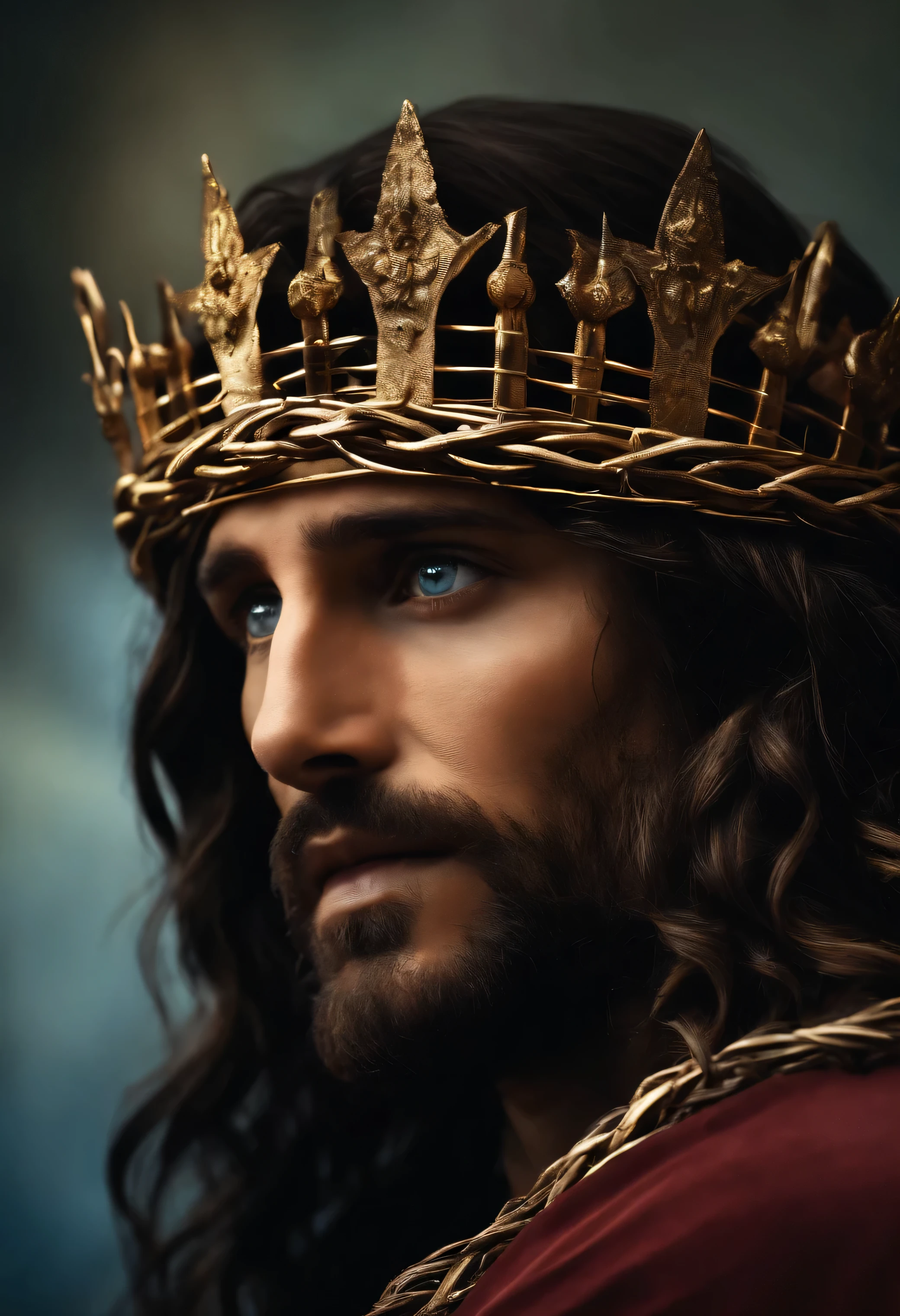 Jesus Christ wearing a crown of thorns, looking at camera
