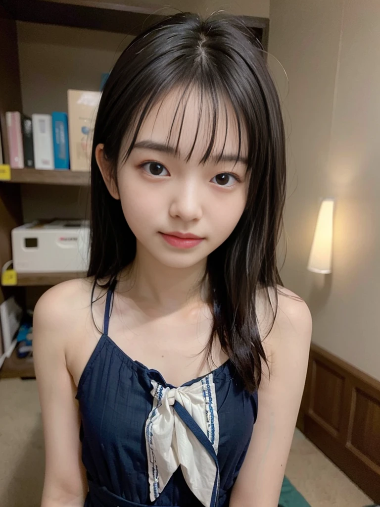 (masterpiece, highest quality:1.4), Award-winning portraits, 8K, 85mm, alone, Beautiful Face, Delicate girl, grace, Sophisticated, cute, Teen, Watching the audience, 15 years old, Raw photo, Disorganized, HDR, Background bokeh、(((Flat 、thin and delicate body、A childish atmosphere、basement)))、Her shiny semi-long hair is tied up、Swinging Hair、Mole on the left cheek、large, round, dark blue eyes、Full Body、Junior idol、Nogizaka Idol、Mole under the eye、sexy、naked、topless