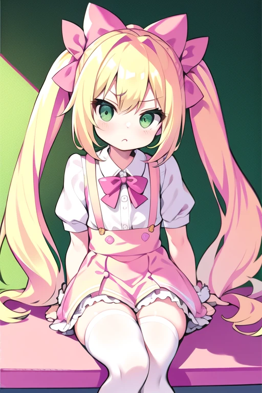 blond hair, green eyes, long hair, , twintails ,sassy ，cheey , mesugaki, pink clothes, pink bows, pink room, room, white stockings, 1 girl, cute, , flat chested, pouty, bratty, blonde hair, twintails, long hair, cute, bratty, teasing look, dim lighting, sitting in desk chair, pink room, cute room, white chair, lolita,Suspenders skirt