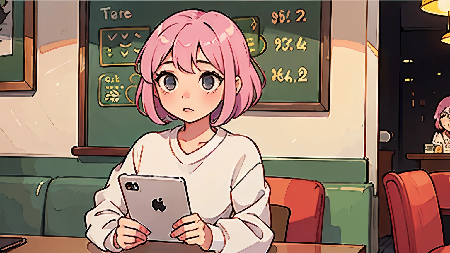 A girl with a pink bob cut studying in a cafe Cute atmosphere From afar Anime Style