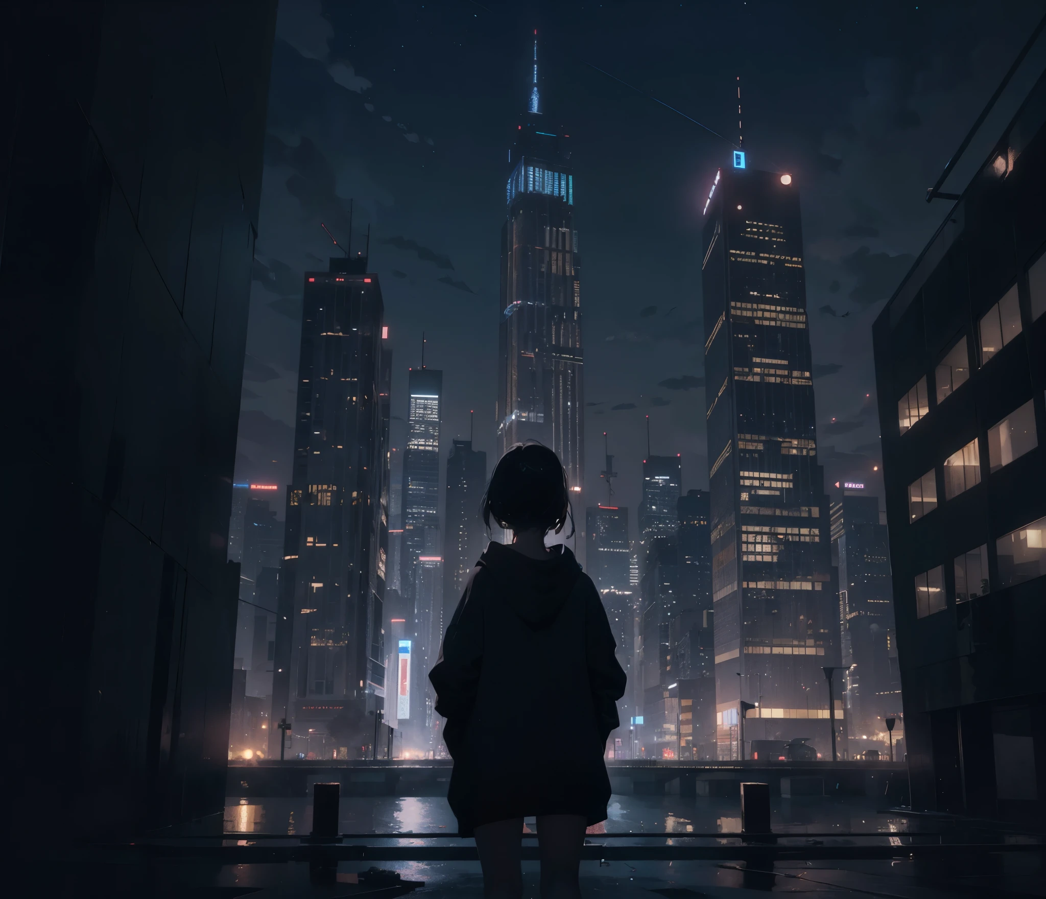1girl with black hair, backview, looking up, wearing an oversized black hoodie, very far away, wideangle, night city, dark, skyscrapers, absurdres, 8K, masterpiece