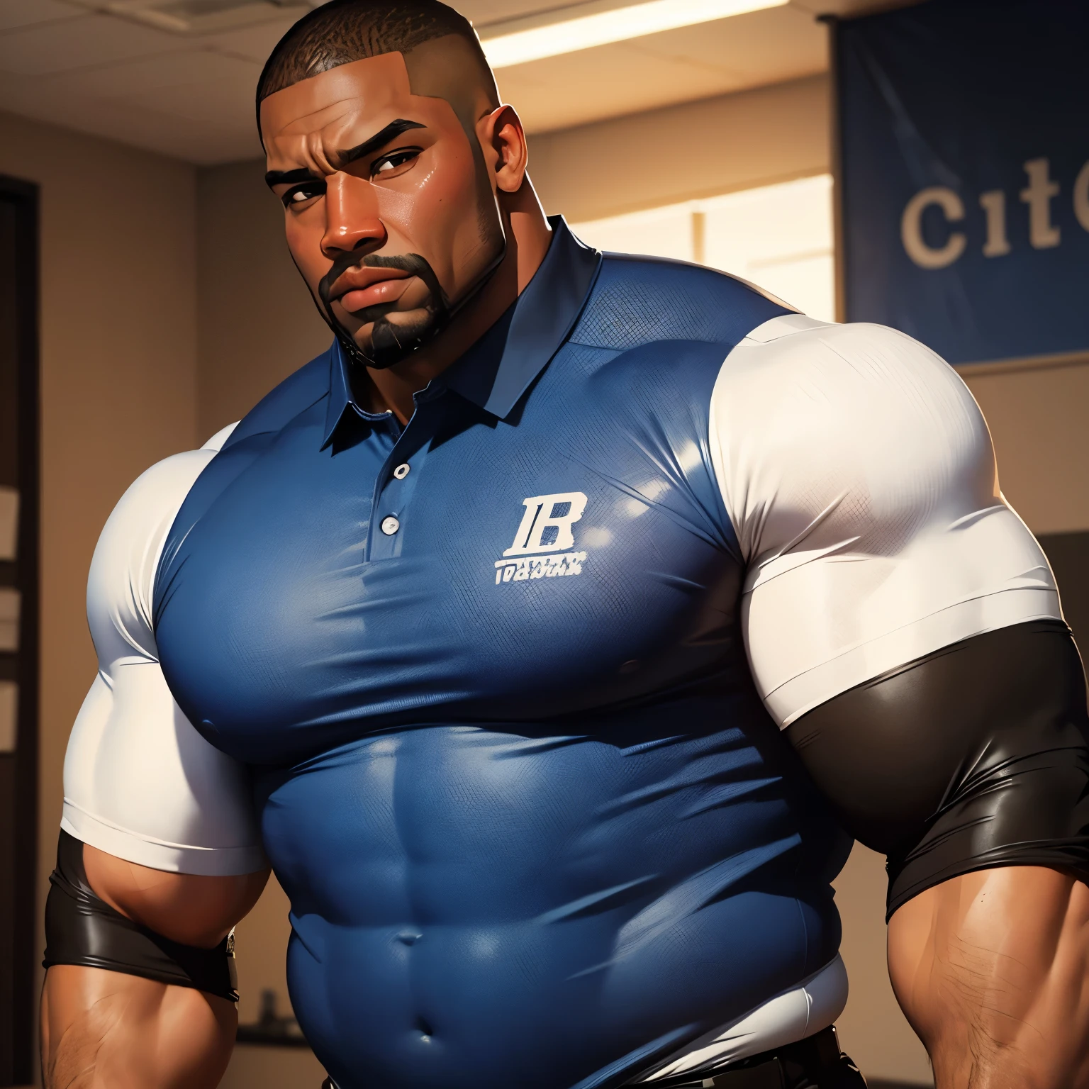 an exaggeratedly muscular and large bodyguard, beefy build, (pudgy belly: 1.1), beard, dark-skinned african american male, buzzcut hair with square line, (stern expression: 1.2), (wearing sports collared shirt: 1.2), school logo on shirt, (bara pecs: 1.3), (arm and chest hair: 1.1), close-up portrait HD, (cowboy angle), (sports training facility)