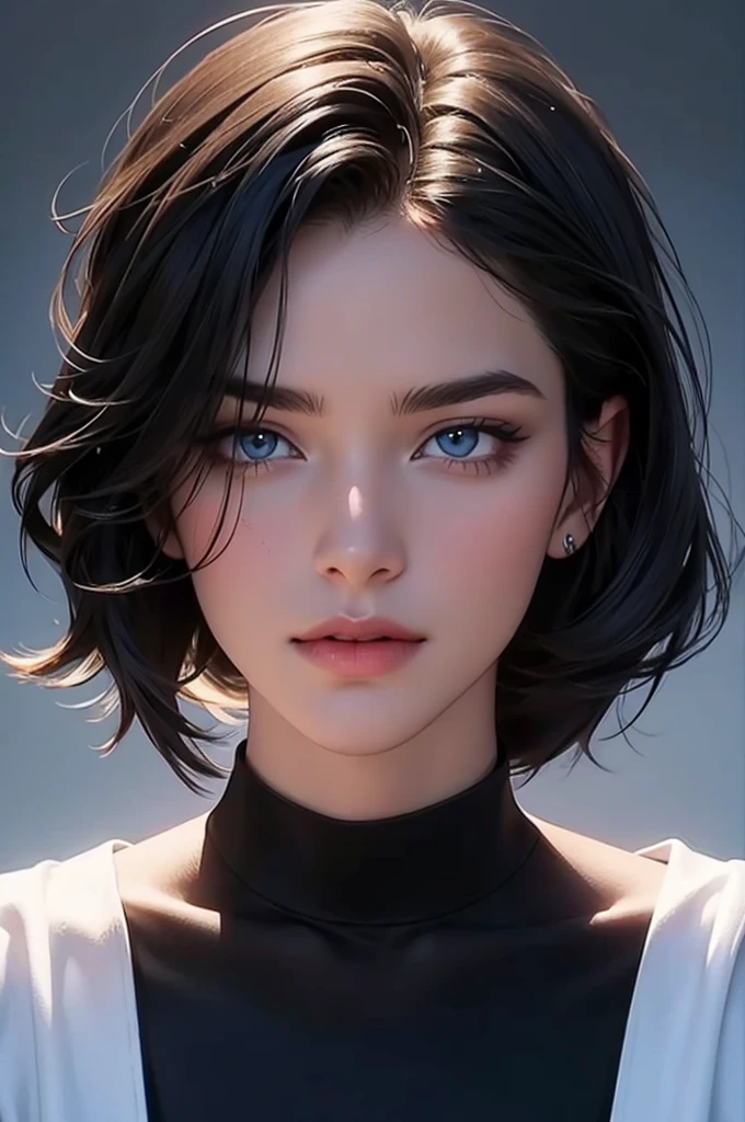 A tall handsome young man with dark hair with long black hair gathered in a tight ponytail, short bangs, blue eyes, he is wearing a white T-shirt and white jeans, he hugs an incredibly beautiful tall femme fatale young woman-blonde very short haircut is wheat-colored standing next to him with , she has dark blue eyes, she is dressed in a simple black dress. Masterpiece, perfect image, realistic pictures, detailed face study, full-length image, 8k, detailed image. an extremely detailed illustration, a real masterpiece of the highest quality, with careful drawing.