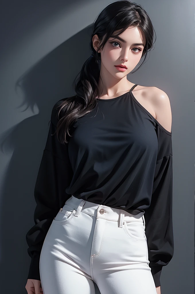 A tall handsome young man with dark hair with long black hair gathered in a tight ponytail, short bangs, blue eyes, he is wearing a white T-shirt and white jeans, he hugs an incredibly beautiful tall femme fatale young woman-blonde very short haircut is wheat-colored standing next to him with , she has dark blue eyes, she is dressed in a simple black dress. Masterpiece, perfect image, realistic pictures, detailed face study, full-length image, 8k, detailed image. an extremely detailed illustration, a real masterpiece of the highest quality, with careful drawing.
