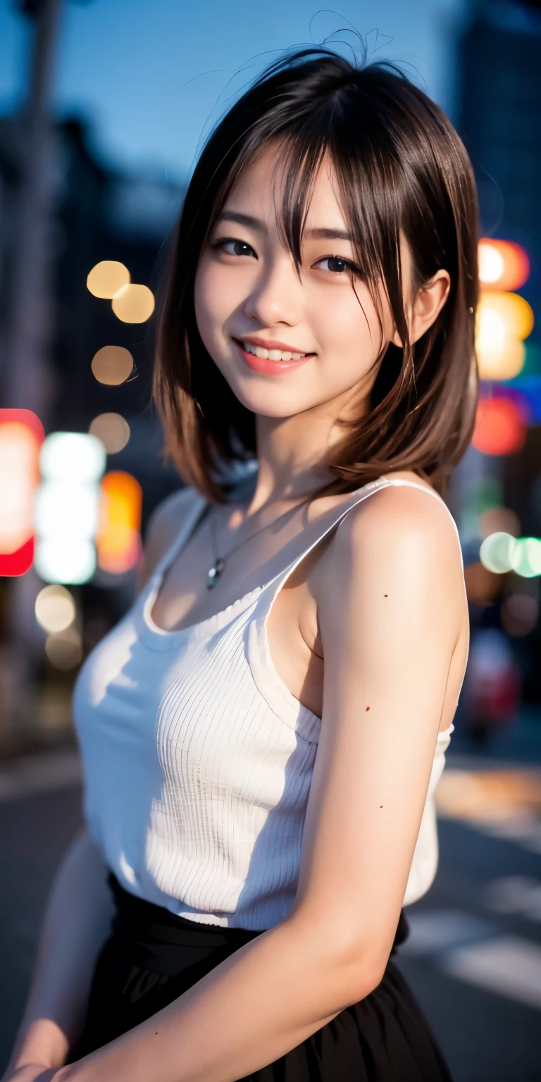 1 Girl, Tokyo Street,night, Streetscape,City lights,Upper Body,close,smile,, (8K, Raw photo, highest quality, masterpiece:1.2),(Realistic, photo-Realistic:1.37),