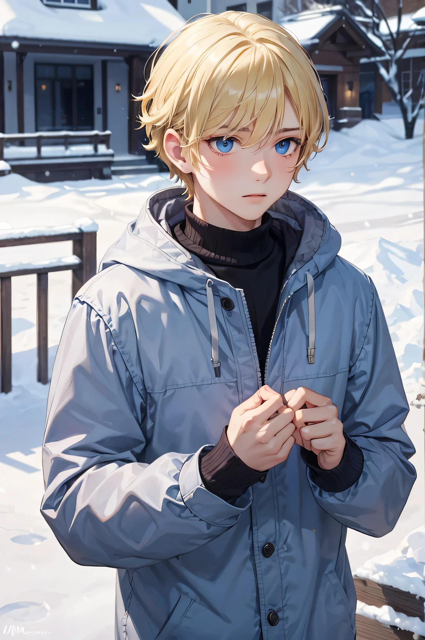 Portrait of a beautiful European boy,alone,16 years,beautiful face,medium curl cut, blonde hair, sharp focus,snow day,cold,long sleeve,long,boy,from the front,facing forward,Upper body,blue eyes,