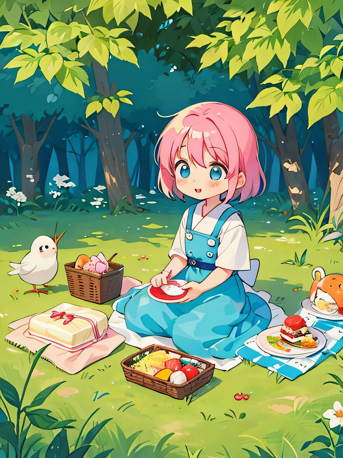 Fujio Akatsuka Style, Kawaii Design, most beautiful girl ever、Chibi, birdie、picnic