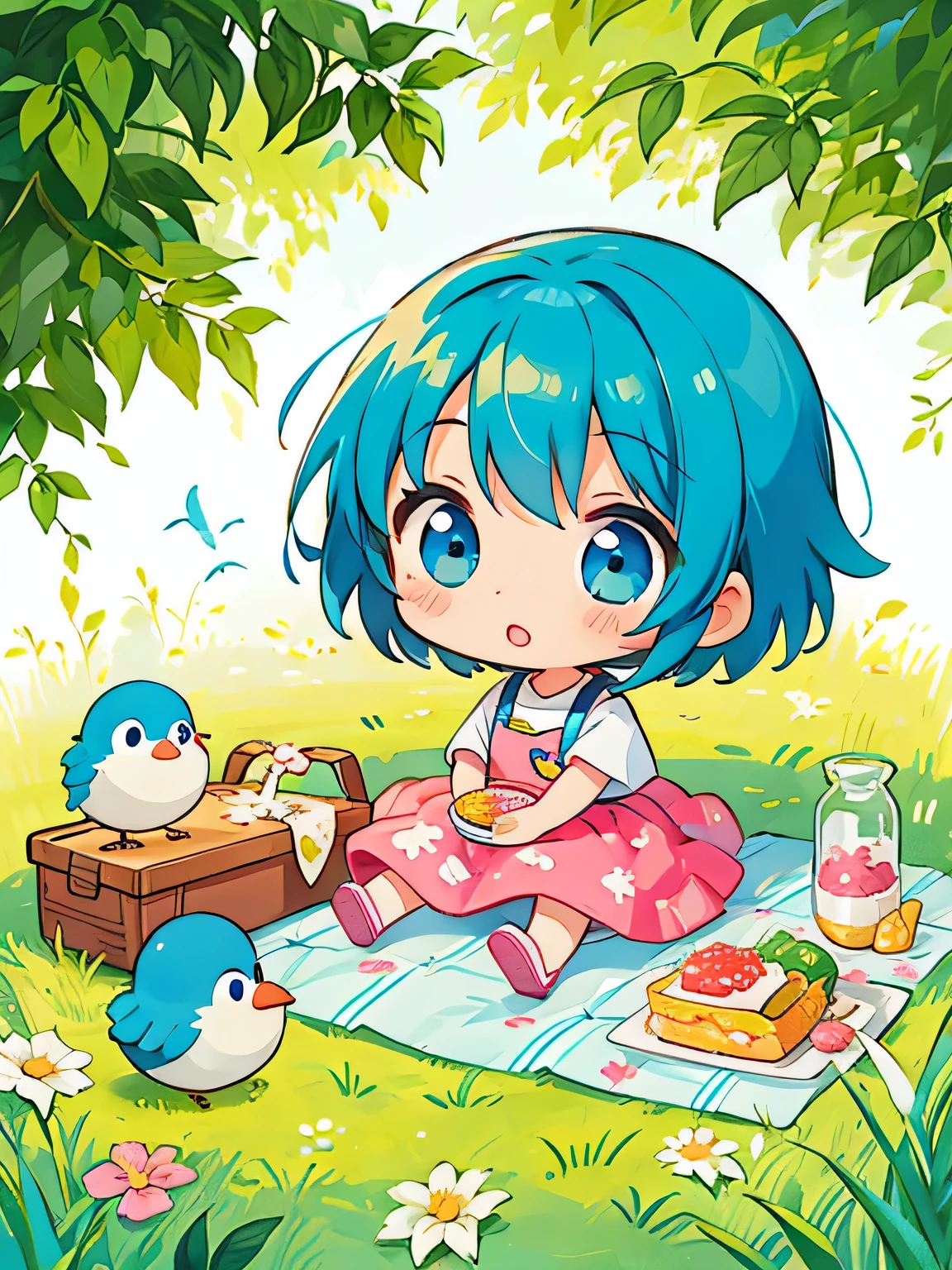 Fujio Akatsuka Style, Kawaii Design, most beautiful girl ever、Chibi, birdie、picnic