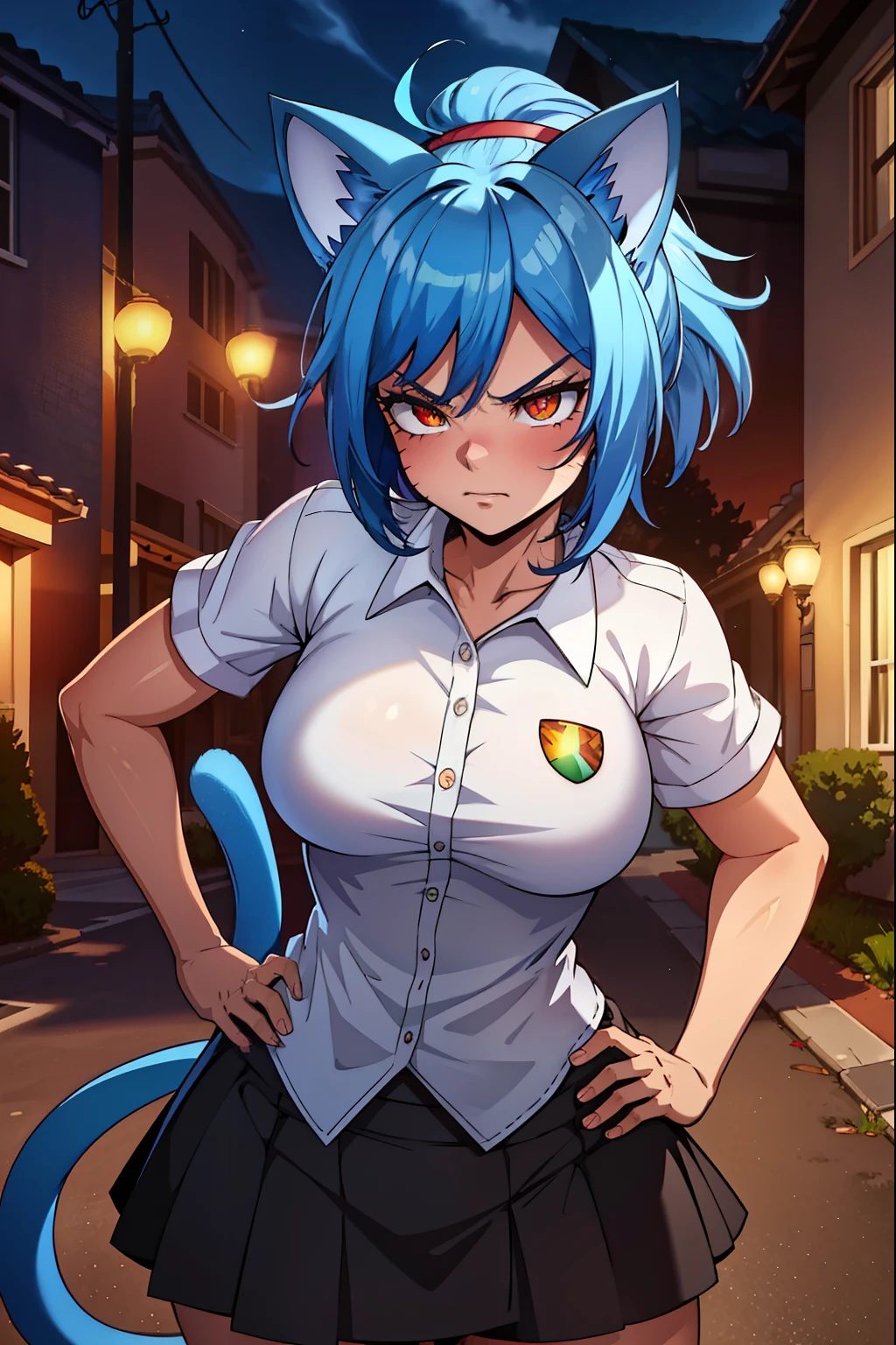 cat girl, blue hair, red eyes, cat ears, cat tail,white shirt, skirt, (extremely detailed CG unity 4k wallpaper),(masterpiece),(best quality),(ultra-detailed),(best illustration),(best shadow),(absurdres),(detailed background), Angry, brightly,in front of  Contemporary house, Night, Hands on hips, close up,