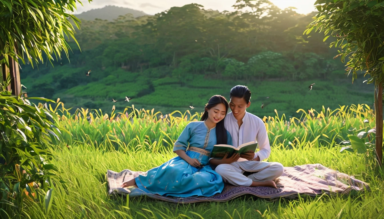 Hyper realistic illustration, best quality, 8 k quality, a young couple of  myanmar with  village clothes. Girl has a long hair. This couple  is sitting, in the middle of flowering garden, a book reading together, lush vegetations, under evening sunshine, soft breeze , birds singing. A young man is embrace and hug to  his sweet heart, face to viewer, Behind  the blue mountains, a country house far away, peaceful and beautiful mode.