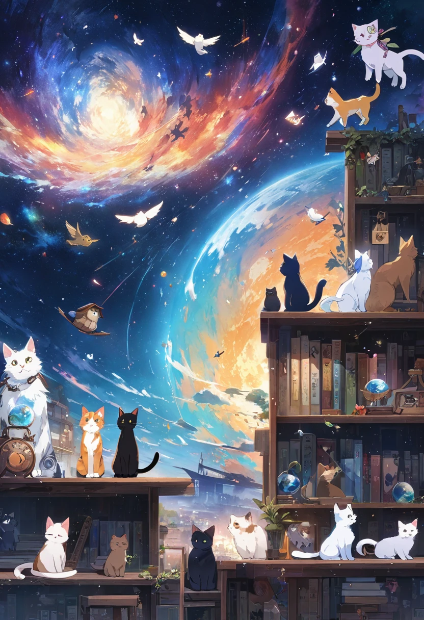 Anime cat-eared girl sitting on a shelf and looking at the sky, Anime drawings inspired by Makoto Shinkai, Sparrow&#39;s Door Lock, Topics on pixiv, Space Art, Makoto Shinkai Cyril Roland, 4k anime wallpaper, anime art wallpaper 8k, anime art wallpaper 4k, anime wallpaper 4k, anime wallpaper 4k, anime wallpaper 4k, Daijin, サDaijin, Three-haired cat, White cat, Black cat