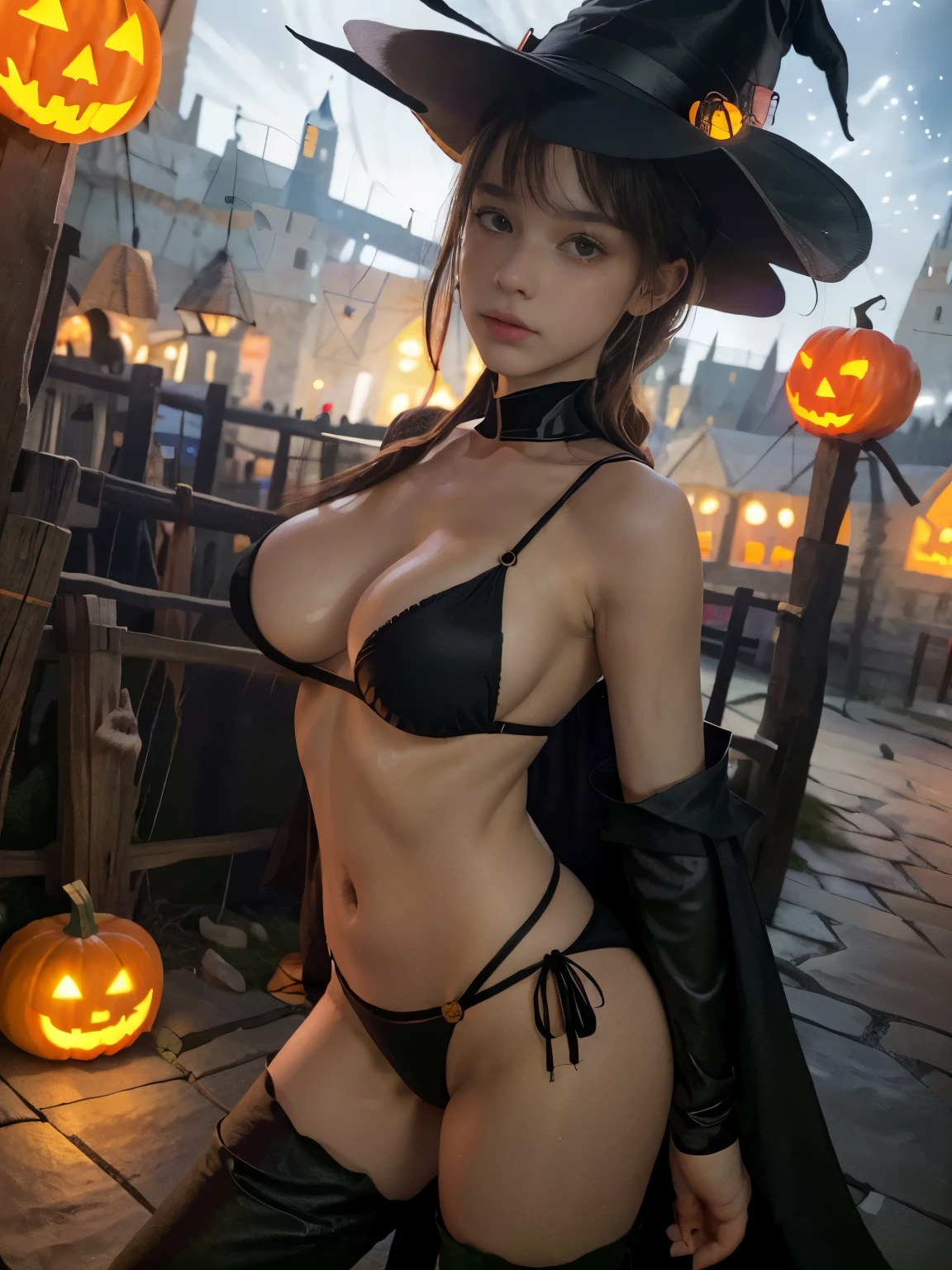best quality, masterpiece, (realistic:1.2), 1 girl, (silhouette lighting:1.4), frontal shot, orange rim lighting, bright amber eyes, ultra detailed face, polished braids hair with bangs, oily skin, tight clothing, orange and black halloween style triangle bikini with cloak, (medium breast, underboob:1.3), witch hat, (surrounded by plenty of pumpkins:1.2), (medieval village at night:1.5)