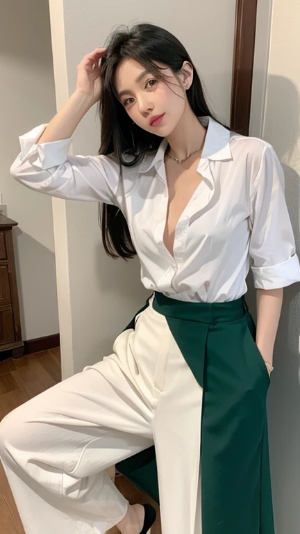 ((highest quality、masterpiece、Ultra-high resolution、8K、UHD))、1 girl、Delicate face、Detailed eyes and face、double eyelid、Pretty Face、Tall and beautiful woman、Long, slender legs、Slim and stylish、bewitching and sexy woman、Obscene、Erotic、(Semi-transparent shirt with collar:1.1)、(Slim Abs:1.1)、(Green Skirt:1.2)、((Shiny silk pantyhose))、High heels、Cleavage、Modern architecture in the background、Detailed Background、Tiffany Necklace、Earrings、bracelet