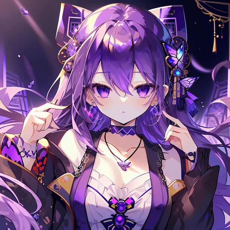 Highest quality, 8k, 4K, High resolution, High Contrast,1girl,only,Beautiful dark purple hair,(Beautifully detailed face), Yellow clear eyes, beautiful eyes, A gentle expression of love, 20generation, Beautiful breasts, Wearing an amethyst, Deep purple gemstone, Based on purple, Precise landscape, Noble Japanese Clothing