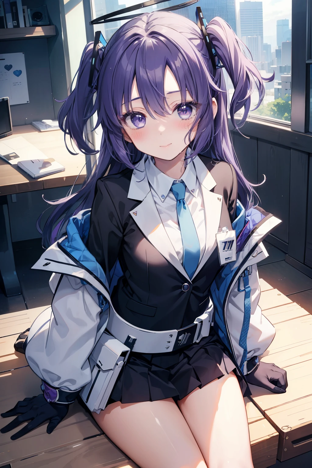 Yuka Hayase、Good looking girl (blush, Perfect Face), independent , Looking at the camera, masterpiece, Anime art style, Cute Characters, Most detailed, high quality、Nico Nico Smile、Combat Uniform、He has a gun、Purple hair and eyes