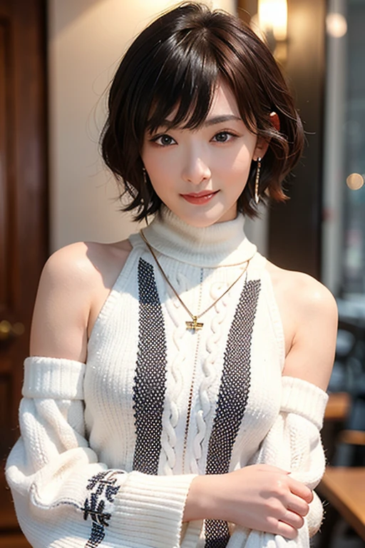 (red lips:1.4), full body, (turtleneck cable knit oversize sweater dress:1.2), , 1girl,solo,
(8k, RAW photo, best quality, masterpiece:1.3),(realistic, photo-realistic:1.37),realistic skin texture,(photorealistic:1.3),(hyperrealistic:1.2), (short hair:1.4) , seducting pose, (white colored clothes:1.7), (red hair:1.7), (seducting smile:1.4), (detached sleeves:1.4), (cheek dimples:1.4), (narrow shoulders:1.7), earrings, golden necklace,