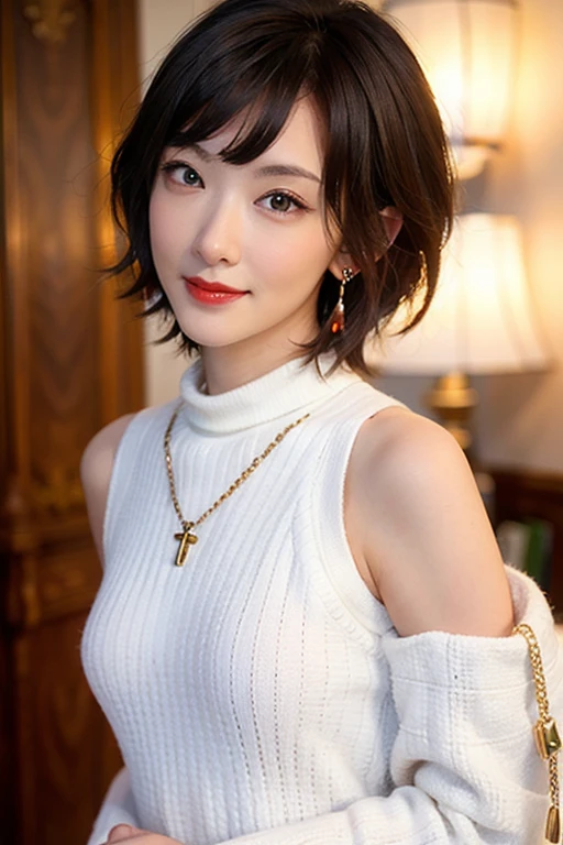 (red lips:1.4), full body, (turtleneck cable knit oversize sweater dress:1.2), , 1girl,solo,
(8k, RAW photo, best quality, masterpiece:1.3),(realistic, photo-realistic:1.37),realistic skin texture,(photorealistic:1.3),(hyperrealistic:1.2), (short hair:1.4) , seducting pose, (white colored clothes:1.7), (red hair:1.7), (seducting smile:1.4), (detached sleeves:1.4), (cheek dimples:1.4), (narrow shoulders:1.7), earrings, golden necklace,