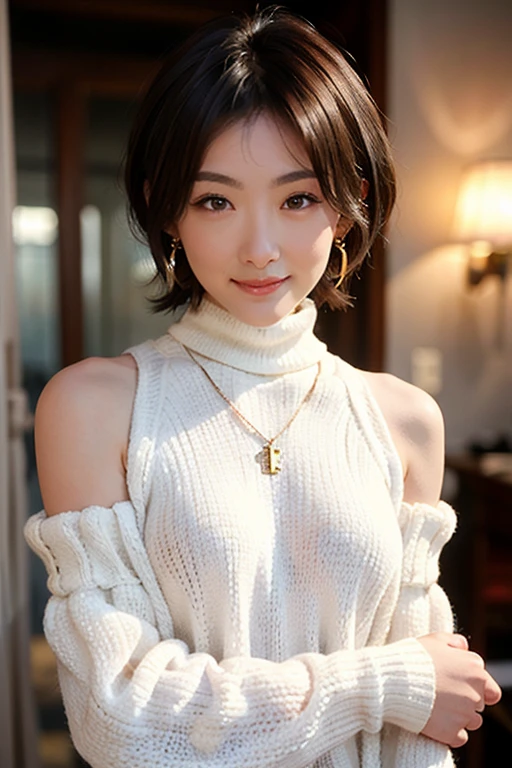 (red lips:1.4), full body, (turtleneck cable knit oversize sweater dress:1.2), , 1girl,solo,
(8k, RAW photo, best quality, masterpiece:1.3),(realistic, photo-realistic:1.37),realistic skin texture,(photorealistic:1.3),(hyperrealistic:1.2), (short hair:1.4) , seducting pose, (white colored clothes:1.7), (red hair:1.7), (seducting smile:1.4), (detached sleeves:1.4), (cheek dimples:1.4), (narrow shoulders:1.7), earrings, golden necklace,