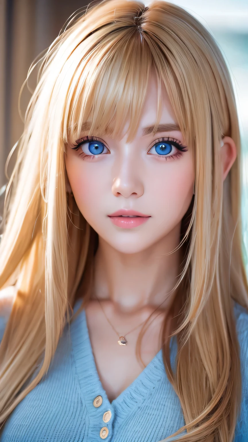 1 Girl, very messy blonde hair, Beautiful blonde、Very beautiful super long shiny hair、bangs over eyes、Very beautiful cute face、Lustrous and radiant beautiful skin、solo、super high quality、Hard Focus、Film Grain、Ultra-high resolution、masterpiece、Beautiful detailed, clear, sparkling, light blue large eyes、Very big eyes