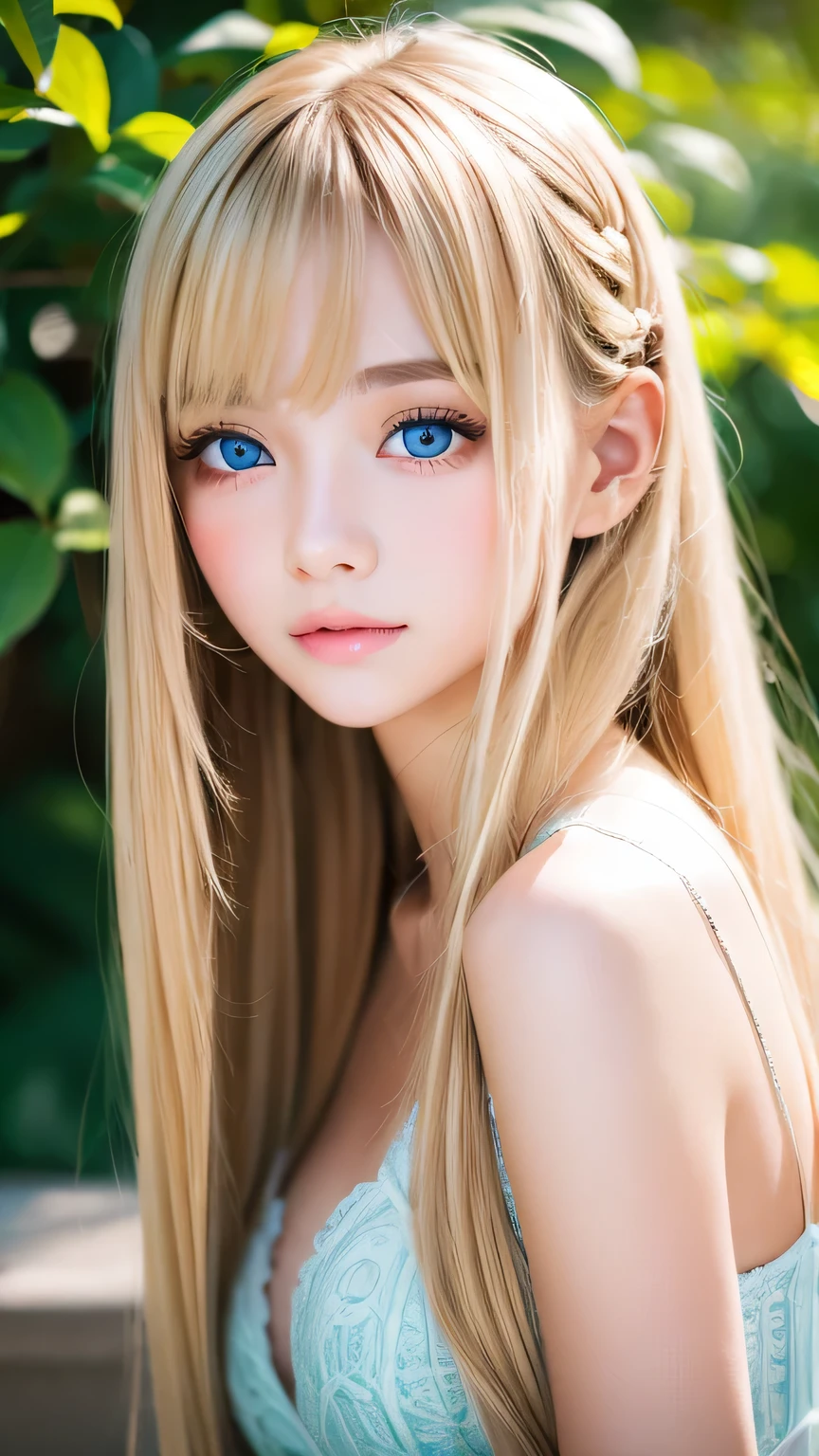 1 Girl, very messy blonde hair, Beautiful blonde、Very beautiful super long shiny hair、bangs over eyes、Very beautiful cute face、Lustrous and radiant beautiful skin、solo、super high quality、Hard Focus、Film Grain、Ultra-high resolution、masterpiece、Beautiful detailed, clear, sparkling, light blue large eyes、Very big eyes