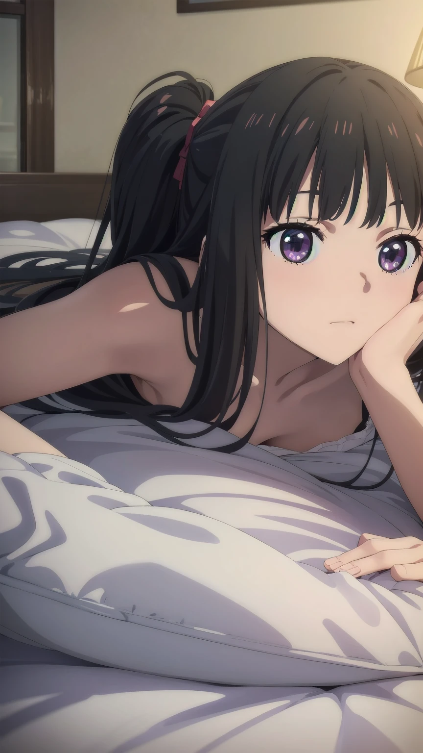 (((Pixel Perfect, Perfect detail))), alone, 1 girl, takina inoue, Looking at the audience, Shut your mouth, lying on the bed, full Body, indoor