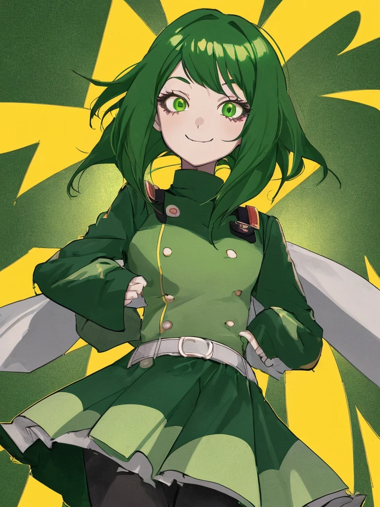 Imagen de una chica de complexion mediana de cuerpo completo con cabello largo de color verde medio oscuro con un rostro que muestra felicidad y con el uniforme del anime my hero academia, sus ojos son de color rojo y amarillo