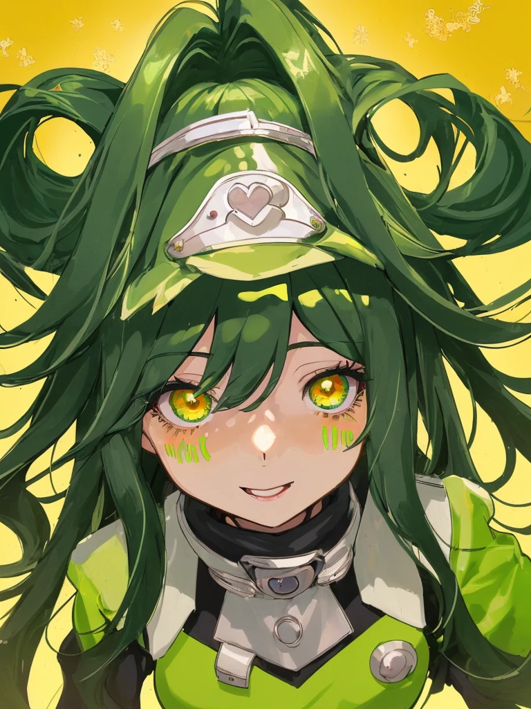 Imagen de una chica de complexion mediana de cuerpo completo con cabello largo de color verde medio oscuro con un rostro que muestra felicidad y con el uniforme del anime my hero academia, sus ojos son de color rojo y amarillo