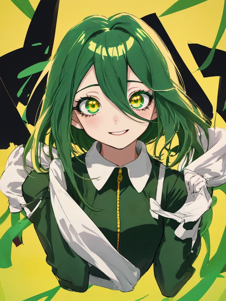 Imagen de una chica de complexion mediana de cuerpo completo con cabello largo de color verde medio oscuro con un rostro que muestra felicidad y con el uniforme del anime my hero academia, sus ojos son de color rojo y amarillo