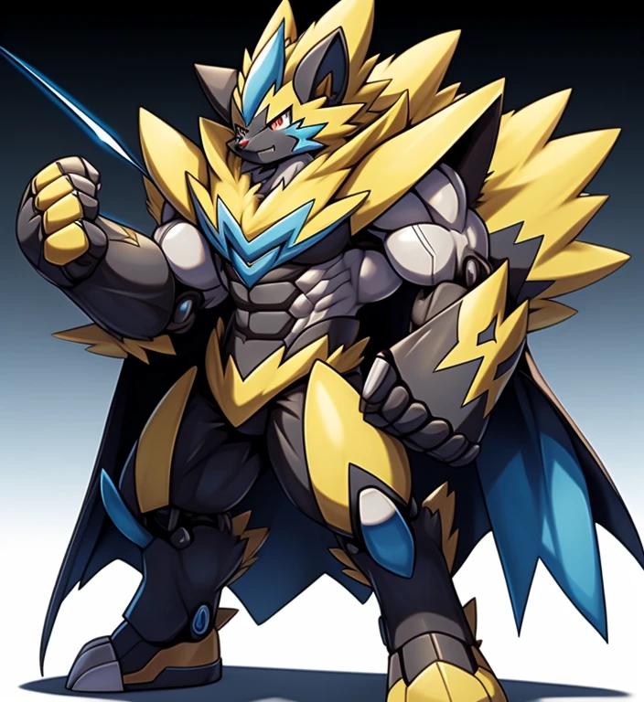 (Pokémon)
Zeraora's giant robot
huge muscular.
GIANT.
pecs, triceps, traps, waist narrow.
wearing a cloak.
