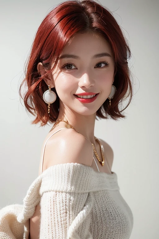 (red lips:1.4), full body, (turtleneck cable knit oversize sweater dress:1.2), , 1girl,solo,
(8k, RAW photo, best quality, masterpiece:1.3),(realistic, photo-realistic:1.37),realistic skin texture,(photorealistic:1.3),(hyperrealistic:1.2), (short hair:1.4) , seducting pose, (white colored clothes:1.7), (red hair:1.7), (seducting smile:1.4), (detached sleeves:1.4), (cheek dimples:1.4), (narrow shoulders:1.7), earrings, golden necklace,